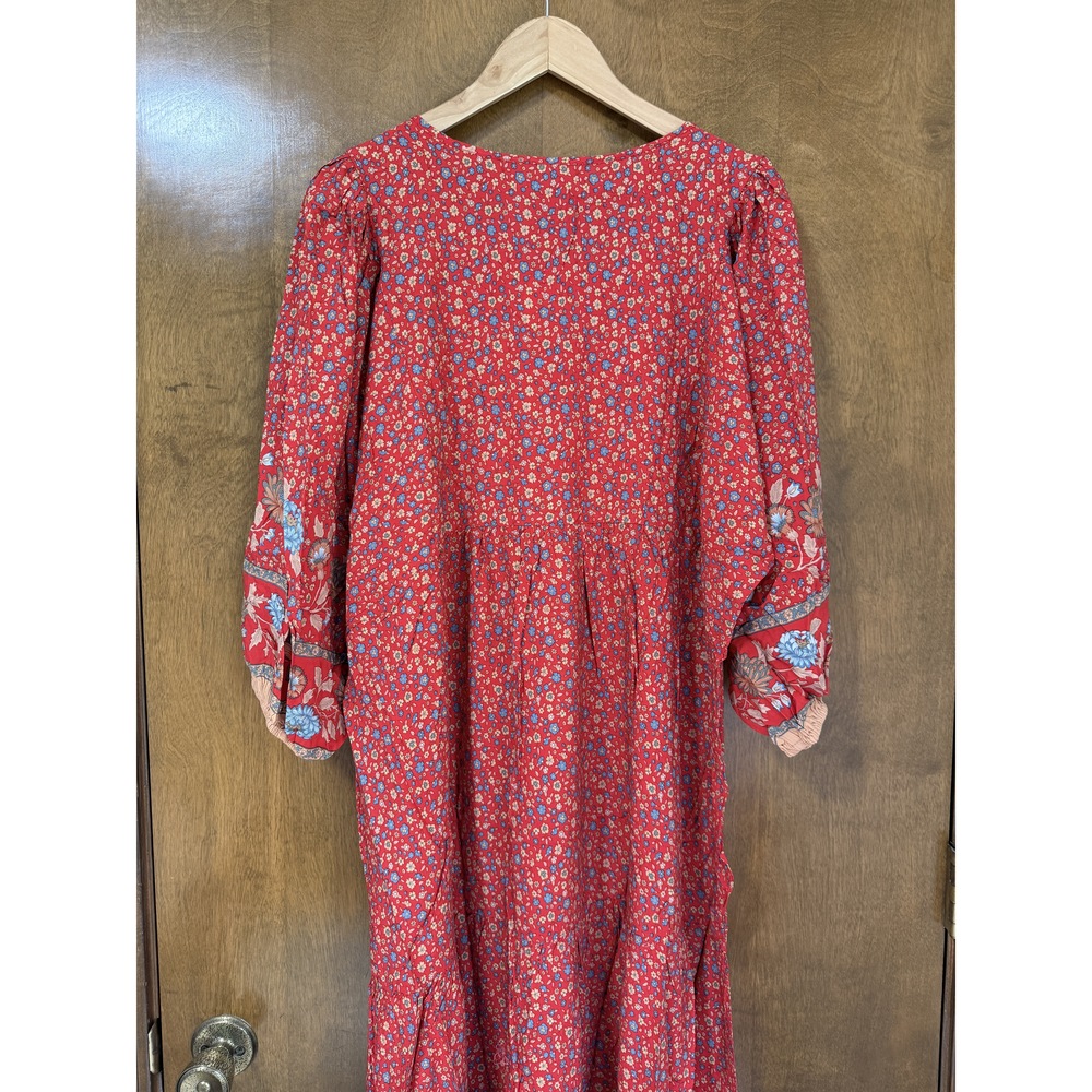 Red Floral Long Sleeve Button Front Maxi Dress 2XL - Picture 9 of 12